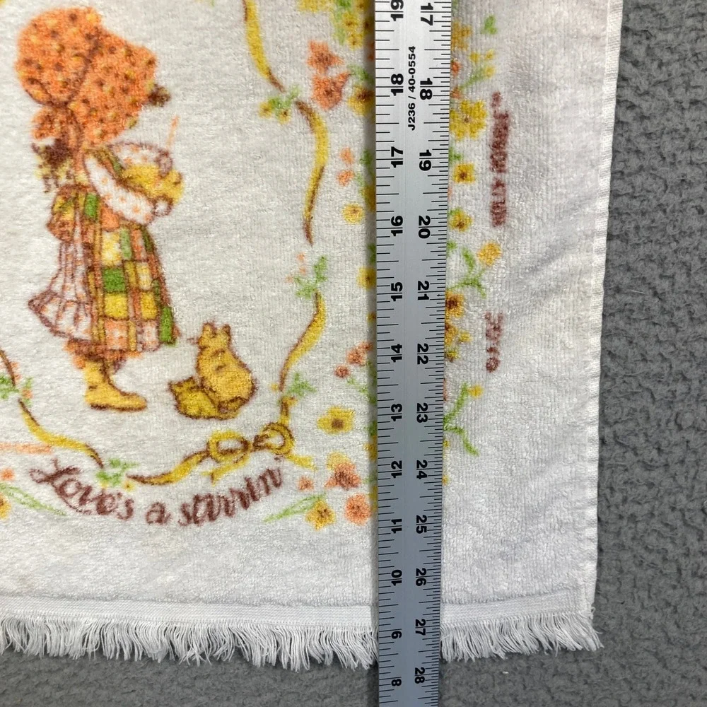Vintage 70s Holly Hobbie Bath Hand Towel White Fringed Floral Cotton Cannon